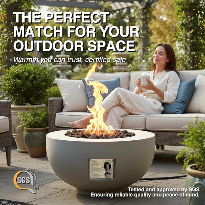 28-inch Outdoor Round Fire Pit Table,40,000 BTU Fire Pit Bowl, Light Concrete Propane Fire Pit with Free Lava Rocks, Rain Cover and Burner Lid, for Outside Patio, Garden, Deck, Light Grey