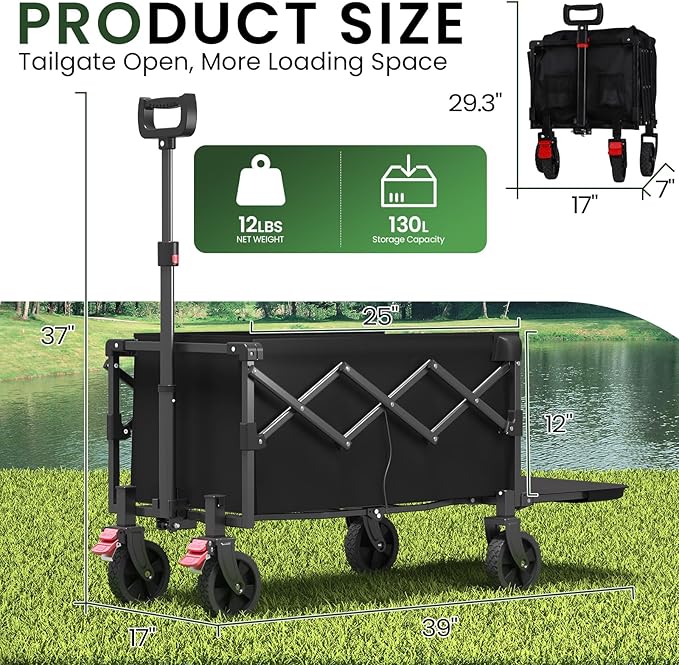 Collapsible Wagon, Foldable Wagons with Extended 40" L, Folding Wagon with Tailgate, Portable Lightweight Utility Wagons for Grocery, Shopping, Camping, Garden, Sports, Black D
