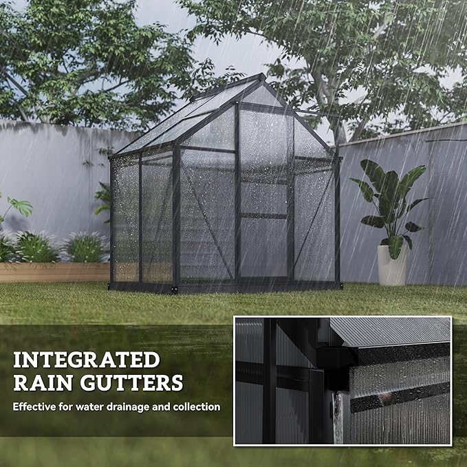 Outsunny 6' x 4' Greenhouse for Outdoors, Polycarbonate Greenhouse with Rain Gutter and Roof Vent, Aluminum Walk-in Green Houses for Outside for Patio Backyard Garden, Gray
