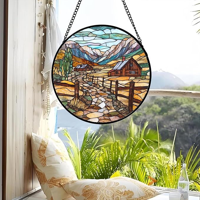 QZQCBLC Stained Glass Window Hanging Mountain Ranch Rural Life 9.8" - Cactus Suncatcher Door Terrace Garden Sun Catcher Home Decor Birthday Christmas for Mom Men Woman Friend