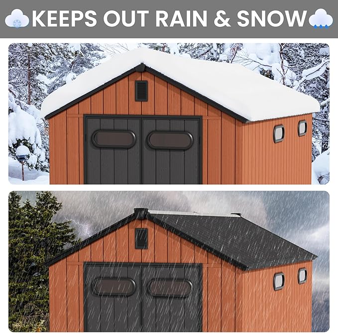 CRESTLIVE 8x12 FT Rust-Resistant Plastic Outdoor Storage Shed, Waterproof Resin Garden Shed with Floor, Doors, Skylight & Vent for Lawn Tools & Bikes