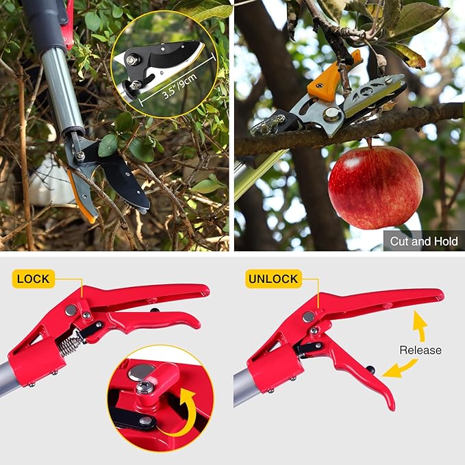 Lineslife Extendable Tree Pruner,Pole Pruner Pruning Shear, Telescopic Long Handle Tree Trimmer with Cut & Hold Bypass Clippers, Lightweight Adjustable Fruit Picker for Tree Branch Cutter