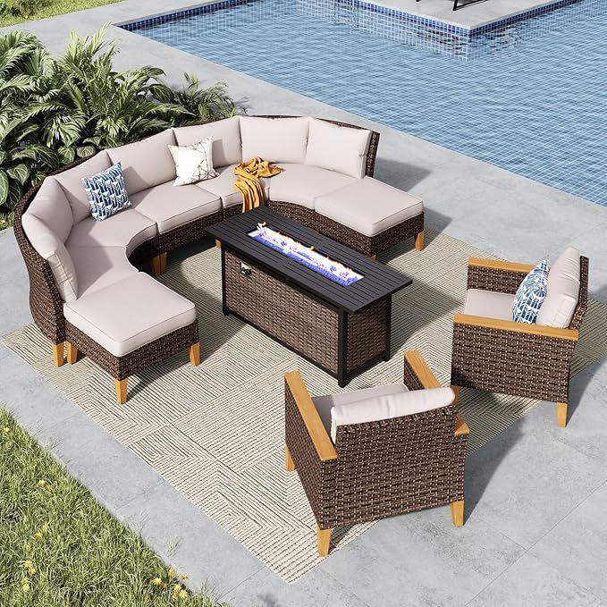 MFSTUDIO 10 Pieces Wicker Patio Furniture Set with 56" Fire Pit Table, Half-Moon Curved Outdoor Patio Sectional Sofas, Extra Large Rattan Outdoor Conversation Set for Garden, Backyard(Beige Cushion)
