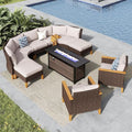 MFSTUDIO 10 Pieces Wicker Patio Furniture Set with 56" Fire Pit Table, Half-Moon Curved Outdoor Patio Sectional Sofas, Extra Large Rattan Outdoor Conversation Set for Garden, Backyard(Beige Cushion)