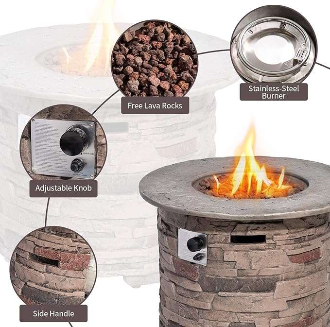 SUNBURY Outdoor Fire Pit Propane Round Fire Pit Table Fire Column, Stonecrest 40,000 BTU Gas Fire Pits for Outside w Lava Rocks, Waterproof Cover, CSA Certified