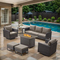 7 Piece Wicker Patio Furniture with Fire Pit Table - Outdoor Conversation Set with 50,000 BTU Fire Pit, All Weather Rattan Patio Set for Deck Backyard Garden - Brown Wicker Grey Cushion