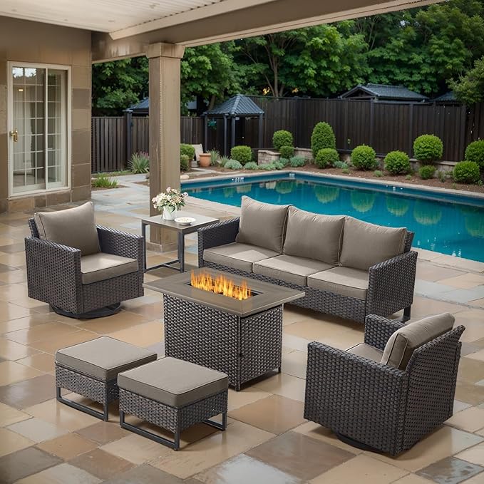 7 Piece Wicker Patio Furniture with Fire Pit Table - Outdoor Conversation Set with 50,000 BTU Fire Pit, All Weather Rattan Patio Set for Deck Backyard Garden - Brown Wicker Grey Cushion