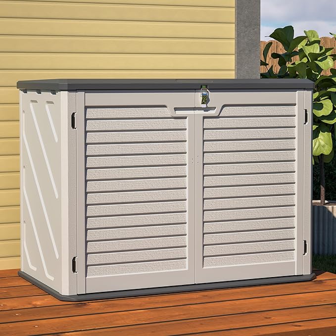 Outdoor Storage Shed Horizontal Plastic Shed W/Lockable Cabinet,Weather Resistance Foldable House W/Sloped Roof & Dual-Locking Mechanism,28 Cu.ft Garden Tool House for Backyards,Patio,White