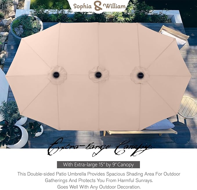 Sophia & William 15 ft Extra Large Patio Umbrella with Solar Lights, Rectangular Outdoor Umbrella with Base Included, Market Umbrella Double-sided Heavy Duty for Pool Garden Backyard, Beige