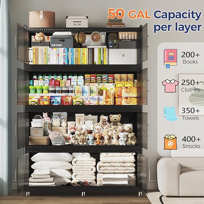 150 Gallon Extra Large Collapsible Storage Bin with Lid, 960QT Stackable Plastic Organizer with 6x Wheels, Foldable Drawer Cabinet for Closet, Living Room Office, Kitchen 3Pack, Black