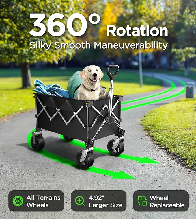 Collapsible Folding Wagon Cart with Large Wheels & 150L Capacity | Heavy-Duty Foldable Utility Wagon for Groceries, Camping, Beach, Sports & Garden Use | Compact Storage, No-Tool Setup-Black