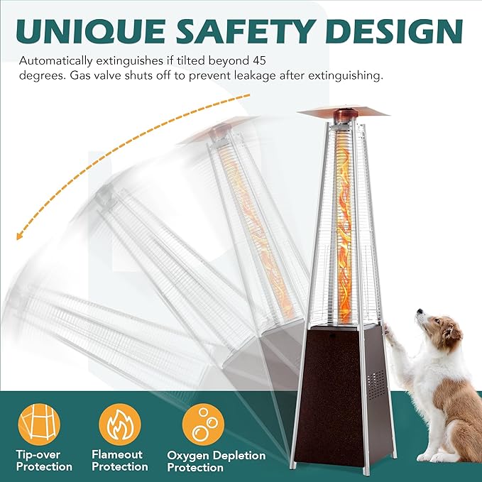 48,000 BTU Flame Pyramid Pool Heater With Cover, Triple Safety Protection Portable Patio Heater with Patio Cover, Warm Glass Tube with Durable Wheels-Brown