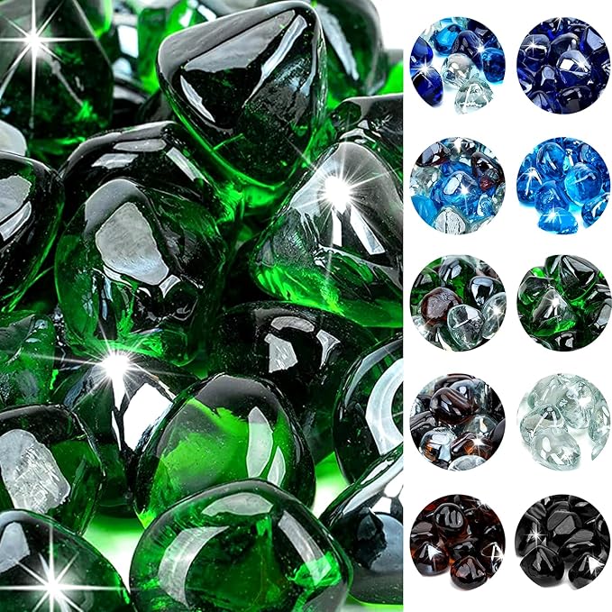 onlyfire 10-Pounds Fire Glass Diamonds for Propane Fire Pit, 1 Inch Reflective Firepit Glass Rocks Stones for Gas Fireplace and Fire Pit Table, Emerald Green