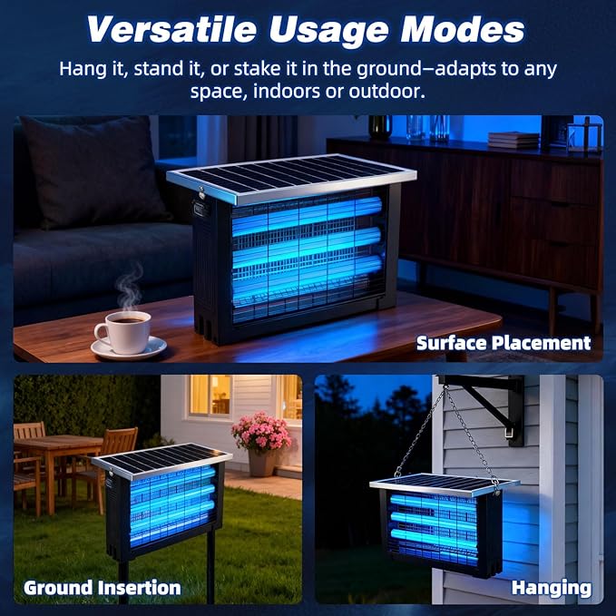 Powerful Large Solar Bug Zapper Outdoor for 3000 sq.ft, Poartable Rechargeable Mosquito Zapper with High Powered, Cordless Solar Fly Zapper for Patio Garden Backyard RV Camping with 13W Solar Panel