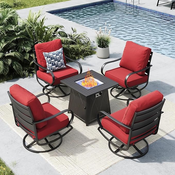 MFSTUDIO 5 Pieces Patio Conversation Sets, Outdoor Metal Furniture Sofas with 1 x 28 Square Propane Gas Fire Pit Table and 4 x Steel Frame Patio Sofa Swivel Chairs with Burgundy Red Cushion