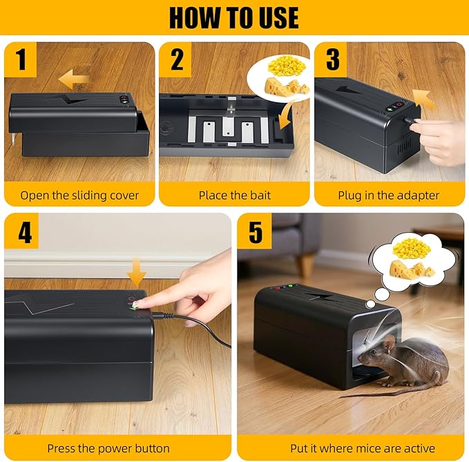 Electric Mouse Trap Indoor - Reusable No-Touch Zapper with Powerful Voltage - Effectively Kills Mice in Living Rooms, Kitchens, Garages & More (Black)