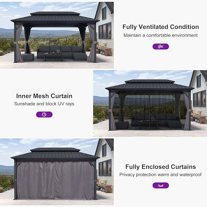 PURPLE LEAF 08'x14' Hardtop Gazebo with Lights Wind Resistant Galvanized Steel Dual Layer Double Roof Outdoor Patio Pavilion Including Netting and Privacy Curtains for Lawn Garden Backyard Grey