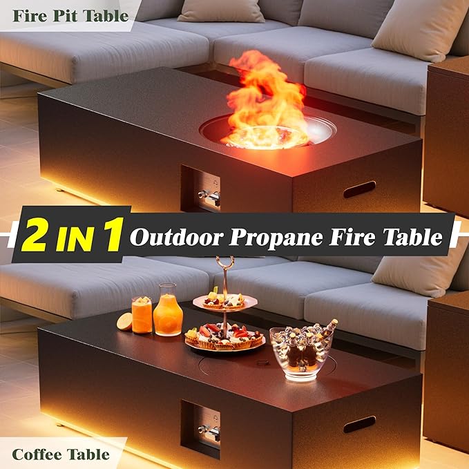 Dineli 2-Piece Outdoor Propane Fire Pit Table Set w Tank Table 48'' Rectangular Firepit Gas Fire Pits for Outside Patio Tabletop Fire Pits w LED, 50,000 BTU (Black with Warmlight)