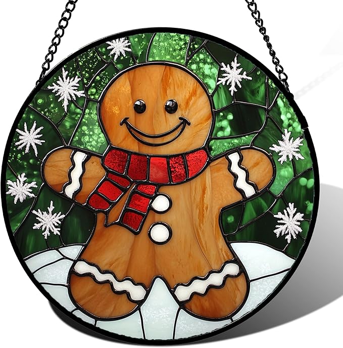 CRISGIF Stained Glass Window Hanging Cute Christmas Gingerbread Man Snowflake Large 15" - Suncatcher Door Garden Sun Catcher Home Decor Birthday for Mom Men Woman Nana Friend