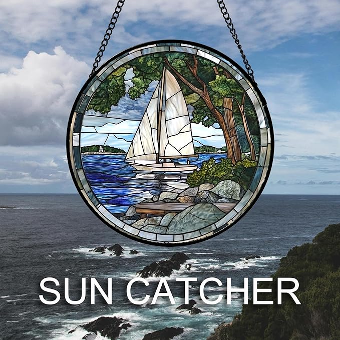 QZQCBLC Stained Glass Window Hanging Blue Ocean White Sailboat 7.8" - Nature Suncatcher Door Garden Sun Catcher Home Decor Birthday Christmas for Woman Mom Men Friend Nana