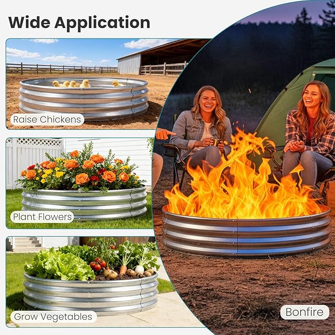 OLIXIS 5FT Round Fire Ring Pit, Outdoor Camp Firepit, Heavy Duty Galvanized Steel 60 Inch Foldable Outside Wood Burning Bonfire Fire Pit Ring for Camping, Backyard, Garden, Beach, Yard Gatherings