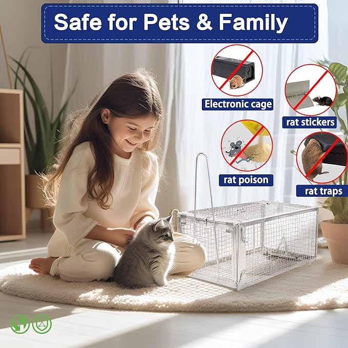 2 Pack Humane Rat Traps - Rodent Trap for Squirrel Mouse Mice, Live Rat Traps Catch & Release for Indoors and Outdoors(12.6''*5.5''*4.7'')