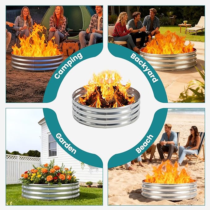 OLIXIS 3FT Round Fire Ring Pit, Outdoor Camp Firepit, Heavy Duty Galvanized Steel 36 Inch Foldable Outside Wood Burning Bonfire Fire Pit Ring for Camping, Backyard, Garden, Beach, Yard Gatherings