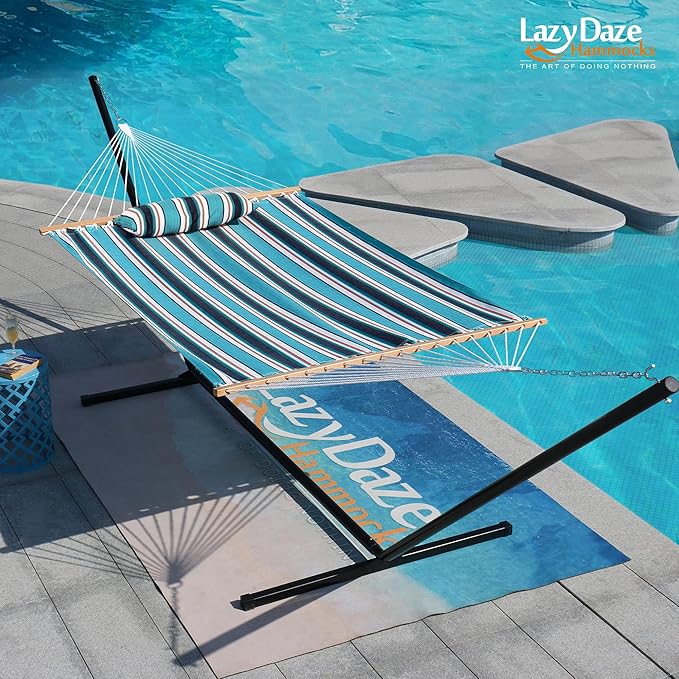 Lazy Daze Hammocks 12 FT Sunbrella Fabric Hammock not Fading with Spreader Bars and Free Pillow Fits for 2 Persons, All Weather and Fade Resistant for Patio Yard, 450 lbs Capacity, Token Surfside