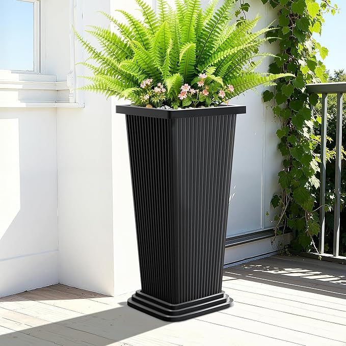 Tall Planters Set of 2, Large Indoor Outdoor Flower Pots with Tray Modern Tapered Planter for Patio, Garden, Porch, Backyard (Black Ribbed)