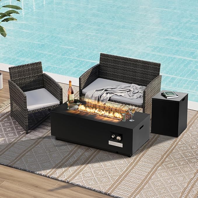 Outdoor Propane Fire Pit Table, 42inch Natural Gas Fire Pits for Outside Patio Rectangular Iron Firepit with Tank Cover, Wind Guard, Steel Lid, Rain Cover, 50,000 BTU Fire Table (Black)