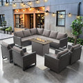 HUMMUH 8 Piece Patio Furniture with Fire Pit,PE Wicker Outdoor Conversation Sets-6-Seater Sofa,Patio Swivel Chairs Outdoor Chairs, Propane Fire Pit,Side Table for Porch,Garden,Backyard(Brown/Grey)