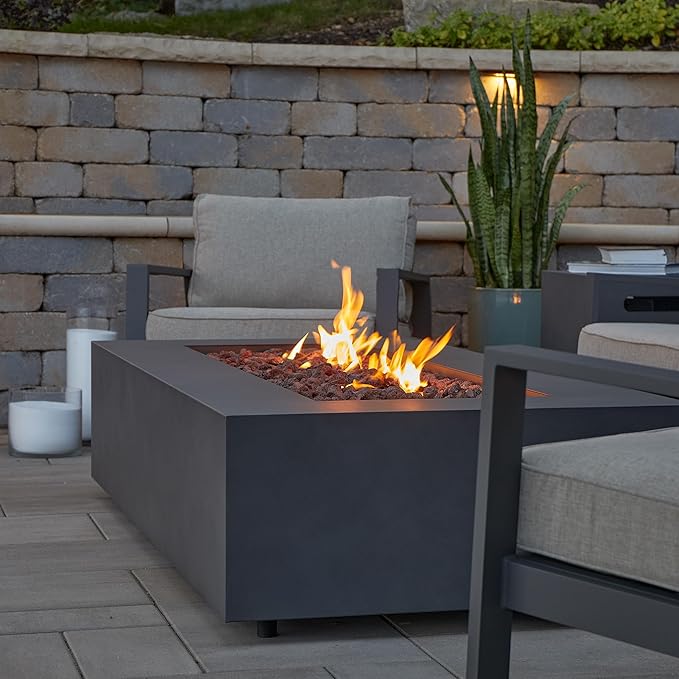 Real Flame Aegean 50in Rectangle Propane or Natural Gas Fire Pit Table, 50,000 BTU, Powder-Coated Steel, Push-Button Ignition, CSA Certified, Lava Rock, Storage Cover, Stainless Steel Burner with Lid