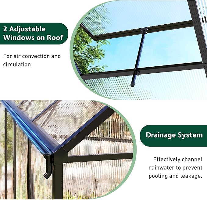 Jocisland 8x10Ft Polycarbonate Greenhouse, Heavy Duty Aluminum Frame with 2 Windows & Swing Doors, Outdoor Garden Greenhouses for Backyard, Black