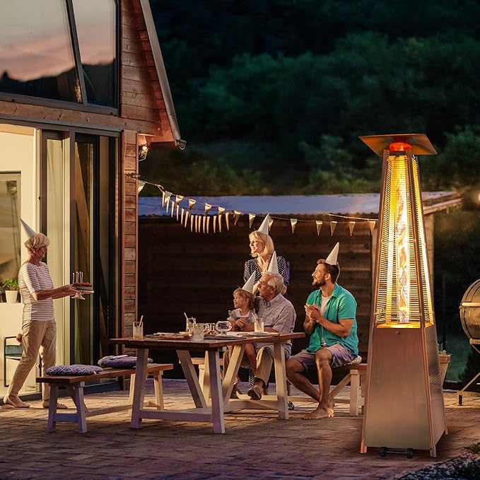48,000 BTU Flame Pyramid Pool Heater With Cover, Stainless Steel Triple Safety Protection Patio Heater with Patio Cover, Warm Glass Tube Portable with Durable Wheels-Stainless Steel Color