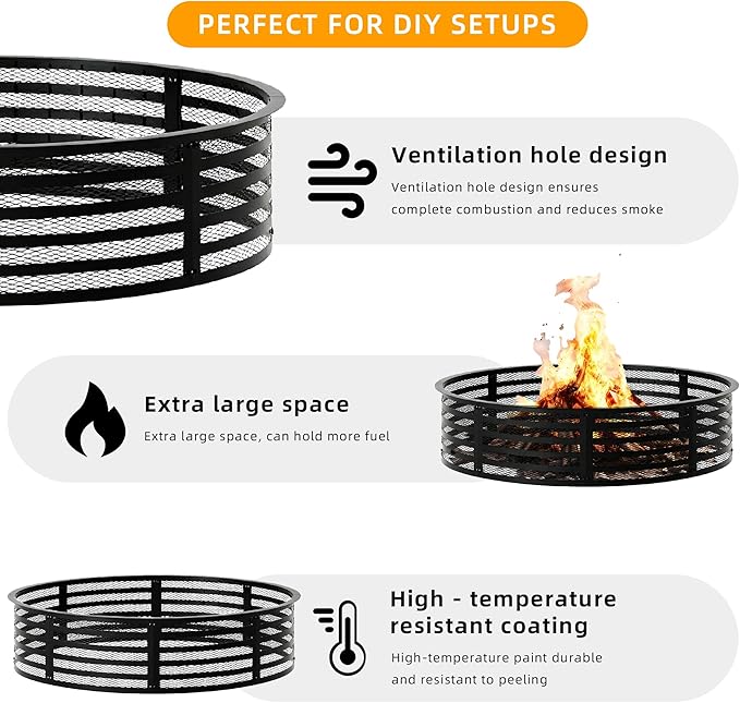 Smokeless Fire Pit Ring, 48 Inch Inner/50 Inch Outer, 11.9" Height, Heavy Duty Metal Fire Ring for DIY Fire Pits, Outdoor Above or In-Ground, Camping Garden Patio Backyard