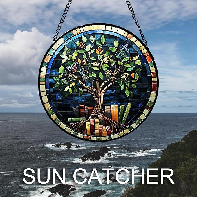 QZQCBLC Stained Glass Window Hanging Green Life Tree Berry Book 6.3" - Blue Suncatcher Door Garden Sun Catcher Home Decor Birthday Christmas for Mom Men Woman Nana Friend