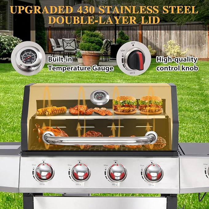 CIG GARDEN 4 Burner Gas Grill Combo with Side Burner, 3 in 1 Gas BBQ Grill with Charcoal Grill and Griddle, 52,000 Outdoor Barbecue Grill Perfect for Outdoor Cooking, Balcony, Backyard, Camping