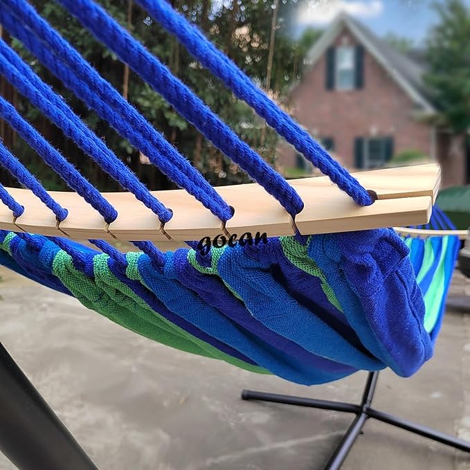GOCAN Double Hammock 2 Person Large 220x160cm with Steel Stand and Removable Spreader bar Load 500lb, Canvas Cotton Hammocks for Patio Porch Garden Backyard Outdoor and Indoor, Blue