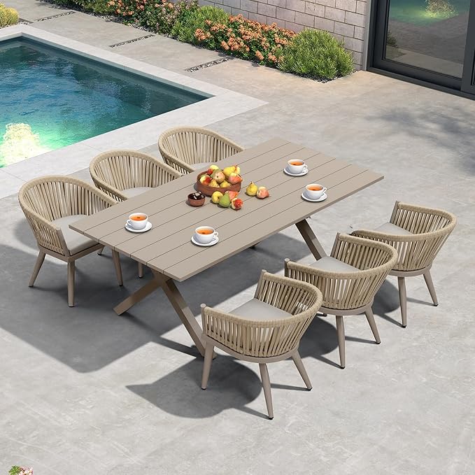 PURPLE LEAF 7 Pieces Longer Outdoor Dining Set with Patio Aluminium Dining Table and Wicker Chairs Modern Furniture Cushions Sets for Backyard Indoor Decor Kitchen Champagne