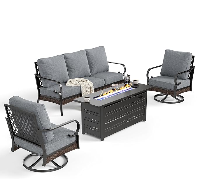 SUNSHINE VALLEY 4 Piece Black Metal Outdoor Patio Furniture Sets with Firepit Table, Patio Conversation Sets 1 3-Seater Sofa, 2 Swivel Sofa with 5.75" Thick Cushion Backyard Furniture for Deck, Gray