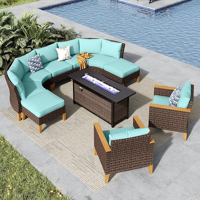 MFSTUDIO 10 Pieces Wicker Patio Furniture Set with 56" Fire Pit Table, Half-Moon Curved Outdoor Patio Sectional Sofas, Extra Large Rattan Outdoor Conversation Set for Lawn, Garden(Aqua Blue Cushion)