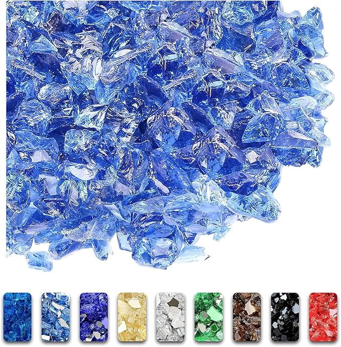 GRISUN Pacific Ocean Blue Fire Glass for Fire Pit, 20 Pounds 1/2 Inch Tempered Glass Rocks for Natural or Propane Fireplace, Safe for Outdoors and Indoors Firepit Glass