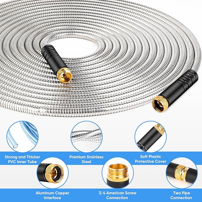 Garden Hose 100 FT, Metal Stainless Steel Water Hose with 10 Function Nozzles, No Kinks, Flexible Hose, Lightweight, Puncture Proof, Heavy Duty Hose for Yard and Outdoor