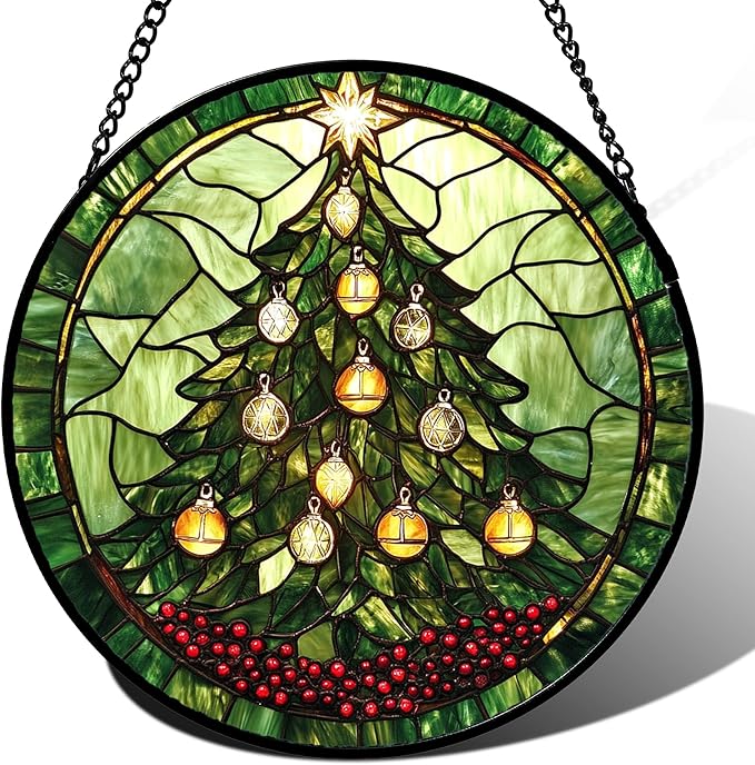 DASTOLL Stained Glass Window Hanging - Green Christmas Tree Golden Bells Suncatcher for Doors Home Christmas Decoration Sun Catcher Thanksgiving New Year Birthday Gift for Women Men Mom Nana 15 in