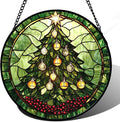DASTOLL Stained Glass Window Hanging - Green Christmas Tree Golden Bells Suncatcher for Doors Home Christmas Decoration Sun Catcher Thanksgiving New Year Birthday Gift for Women Men Mom Nana 11.8 in