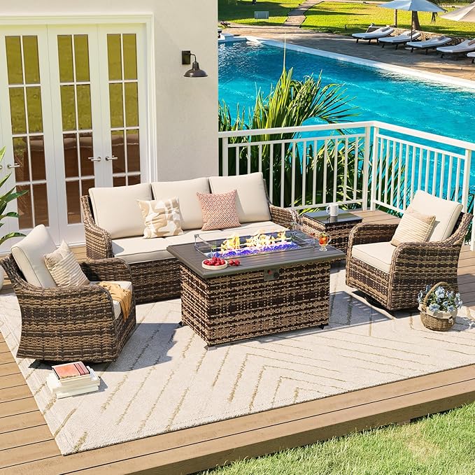 MEISSALIVVE 5 Pieces Patio Furniture Set with 43" Fire Pit Table, Wicker Patio Conversation Set with Swivel Rocking Chairs, Outdoor Patio Set for Lawn Backyard Porch (Brown)