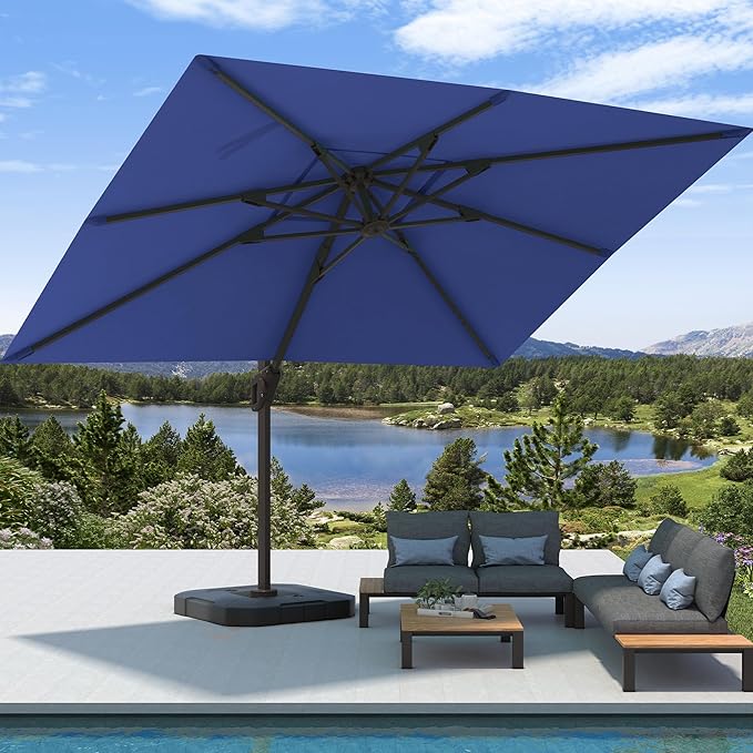 9' X 12' Cantilever Patio Umbrella with Base Included Rectangular Outdoor Large Offset Umbrellas with 7 Tilts Adjustable 360°Rotation for Deck Pool Garden Backyard, Navy