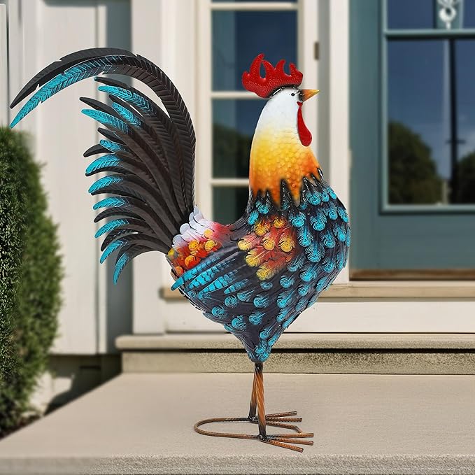 Ultym 32in Metal Rooster Decor, Outdoor Garden Statues, Metal Chicken Sculpture for Backyard Patio Garden Kitchen Décor