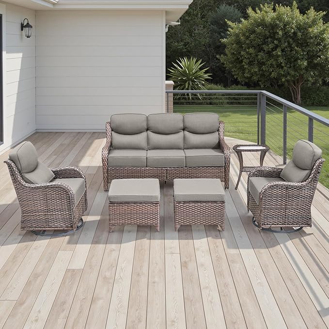 Rilyson Wicker Outdoor Patio Furniture Set - 6 Piece Patio Conversation Sets with Swivel Rocker Chairs, Ottomans, Sofa and Side Table, 6 inch Cushions, Waterproof Wicker, for Porch Deck Brown/Beige