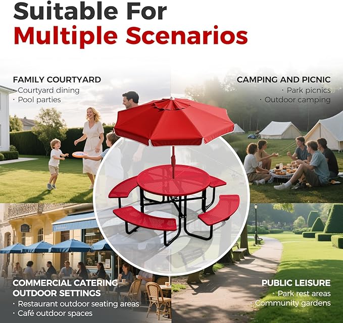 Rueekfil 46" Coated Picnic Table with Umbrella Hole, Heavy Duty Commercial Picnic Table for Outdoors, Family & Party Ready for School Camping, Round, Red